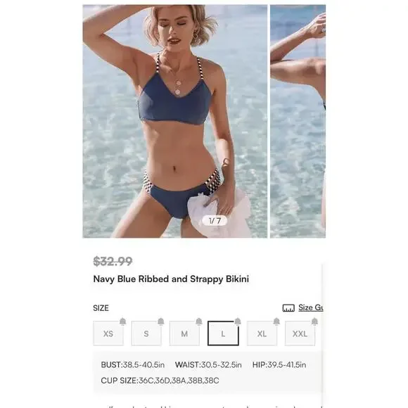 Cupshe Women's Navy ribbed and strappy Bikini Swimwear Set NWT size Large - Picture 3 of 7